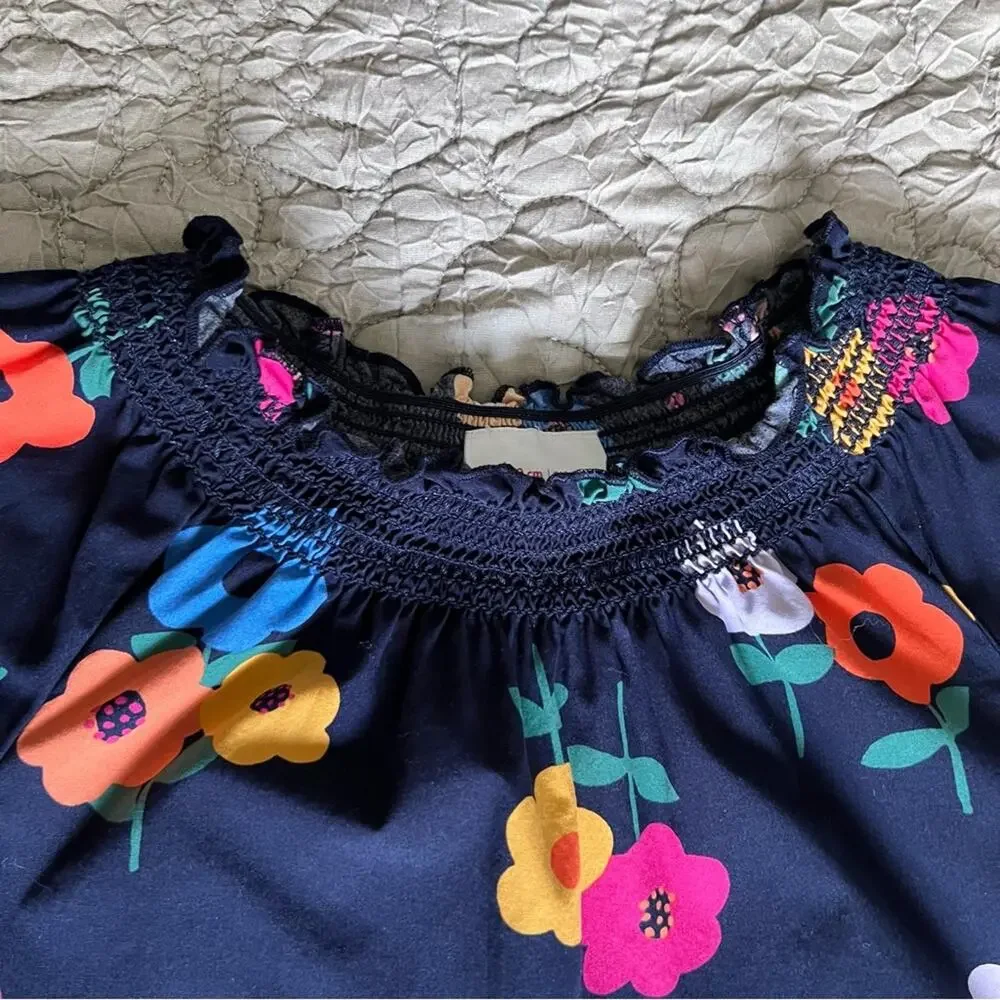 Hanna Andersson Dress Girls 5 Navy Floral Smocked Pocket Cotton